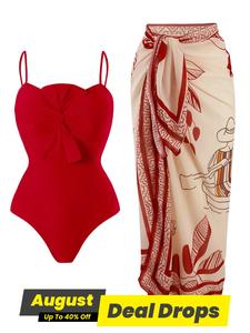 Women's Solid Twist One-piece Swimwear & Leaf Print Tie Front Cover Up Skirt Set, Boho Fashion Adjustable Strap Swimwear Set for Beach Holiday Vacation, Ladies Swimsuit for All Seasons, Swimwear Coverups, Beach Outdoor Wear