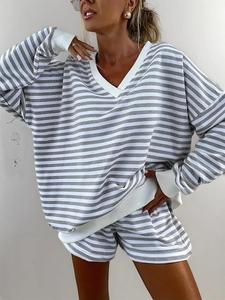 Women's Striped Print Long Sleeve Tee & High Waist Shorts Set, Loose Cozy Lounge Set for Spring & Fall, Women's Baggy Clothes for Daily Travel Wear, Longsleeves Womenswear, Casual Matching Clothing Set, Lady Casual Outfit Set