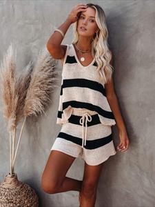 Women's Y2K Style V-Neck Striped Knit Top and Shorts Set, Casual Beach Holiday, Summer Vacation Fashion, Everyday Wear