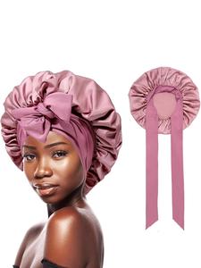 Pink Color Satin Bonnet Ruched Design Sleeping Bonnet with Ribbon Fashion Hair Accessories for Women & Girls, Elastic Hair Bonnet