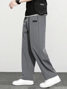 Men's Solid Color Letter Print Straight Leg Pants, Loose Casual Comfy Trousers for Summer, Woven Bottoms for Men, Beige