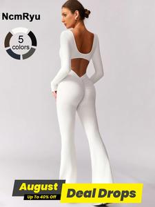 Women's High Elasticity Long Sleeved Jumpsuit with Wide Legs and Hollow Back Waist Lifting and Tight Fitting Yoga Clothes for All Seasons Golf Tennis Outdoor Running Cycling Hiking Walking Gym Sports, Sporty Jumpsuit, Workout Gym Clothing