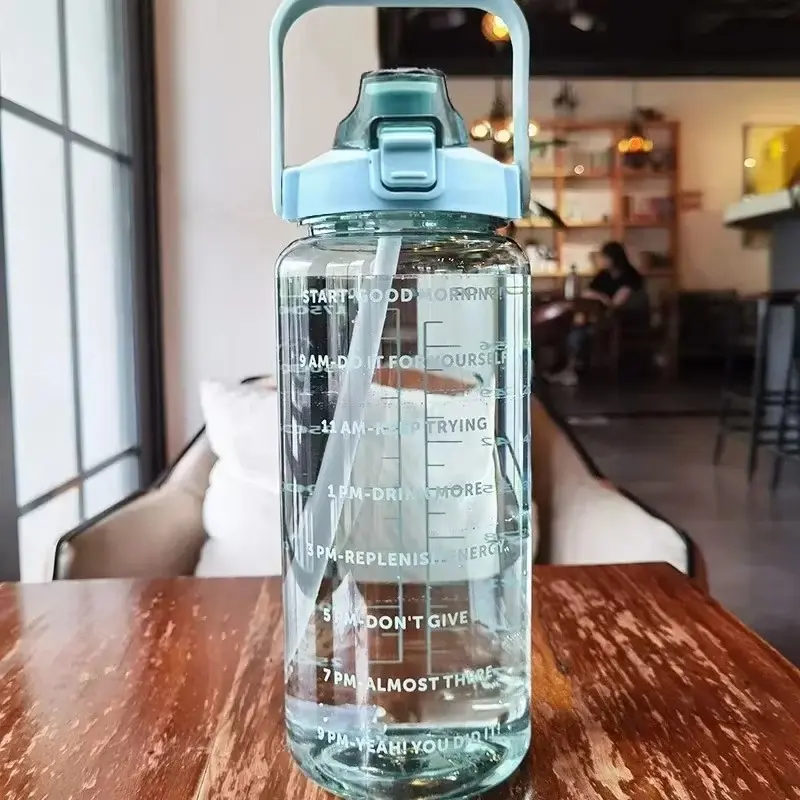 2L Large Capacity Water Bottle – Portable Sports Drink Cup with Straw & Time Marker for Gym & Outdoor Fitness Drinkware Tumbler 2