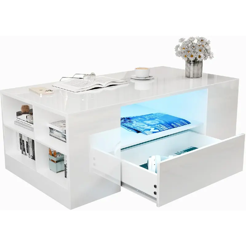 Coffee Table with 2 Drawer Storage, High Gloss Coffee Table for Living Room Wooden Centre Table with RGB Led Lights Rectangle Tea Table for Living Room Furniture, White 0