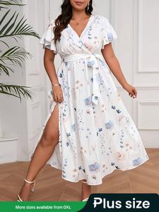 【Plus Size】 Floral Print Belted Dress, Casual V Neck Short Sleeve Dress for Summer, Women's Clothes for Vacation Holiday