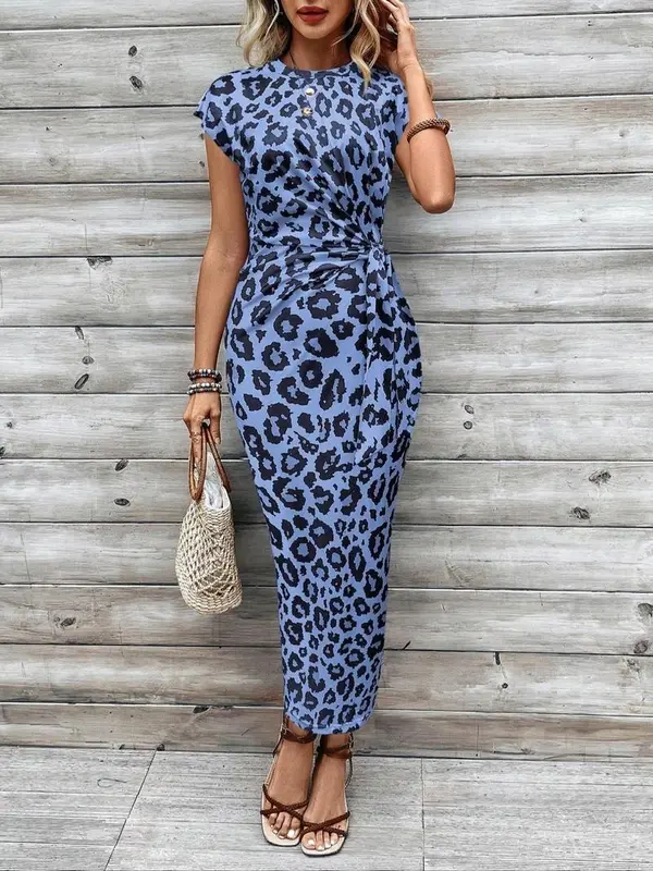 Women's Leopard Print Round Neck Dress, Fashion Casual Dress for Daily Holiday Vacation Wear, Ladies Dress for All Seasons 6