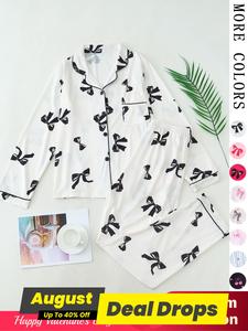 Two-piece Set Women's All Over Bow Print Lapel Neck Pocket Shirt & Pants Pyjama, Casual Comfy Long Sleeve Top & Trousers Pj Set, Women's Sleepwear for Spring & Fall, Tall Clothing Women, Matching Pajamas Sets, Pyjamas for Women, Homewear