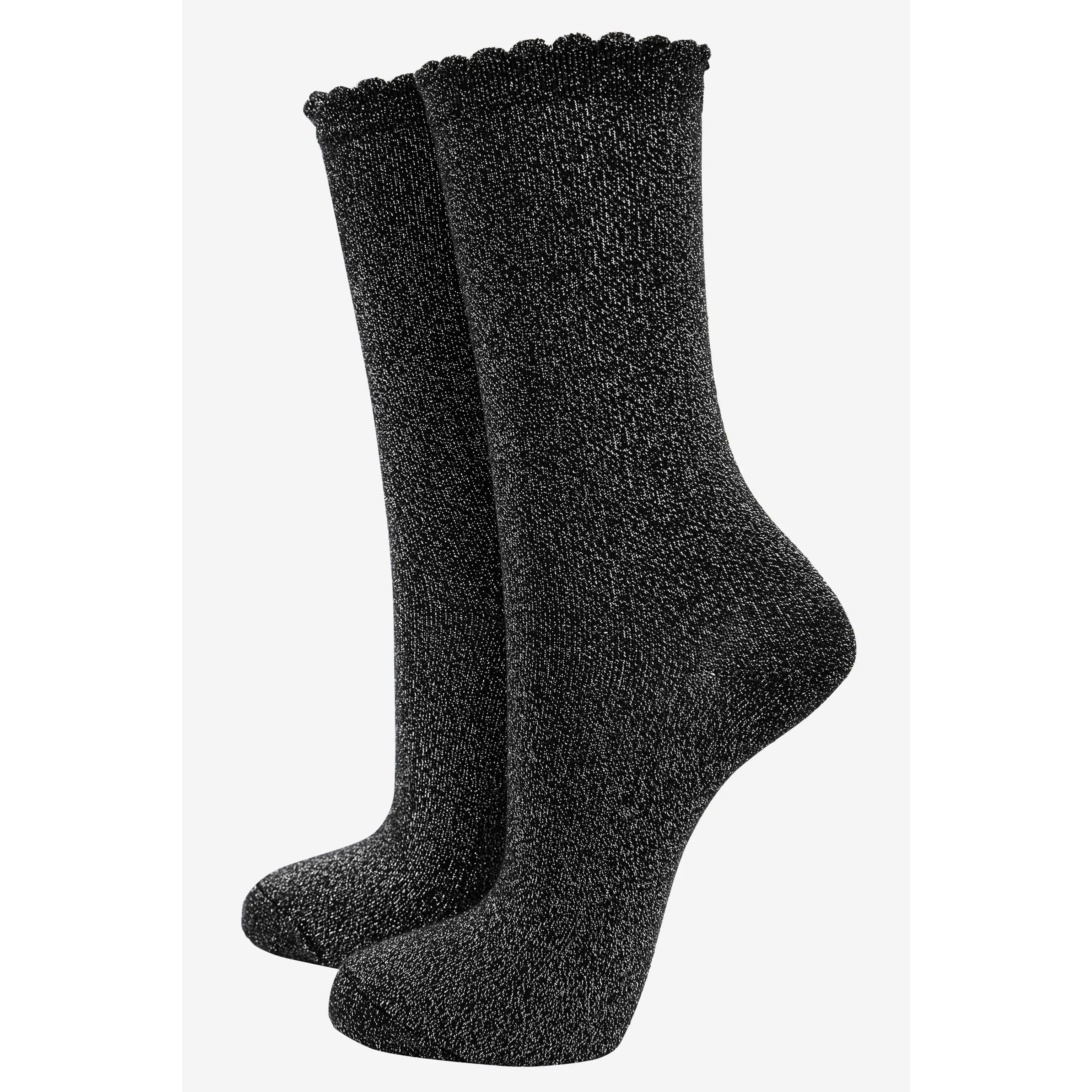Cotton Glitter Socks with Scalloped Cuff Black Silver