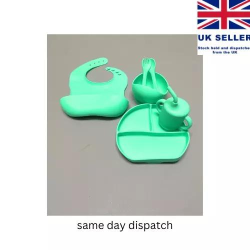 Baby Weaning Feeding Set Silicone Supplies with Plate Bowl Bib Spoon Fork Cup 7