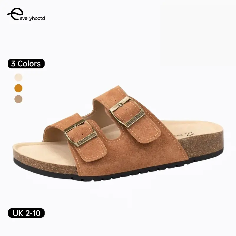 EVELLYHOOTD Suede Cork Clogs Unisex Sandals with Arch Support Comfort Buckle Flat Slippers Width Adjustable[ONE SIZE UP FOR WIDE FEET]