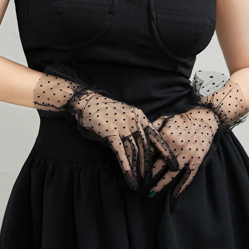 Women Long Tulle Gloves Stretchy Sexy Lace Short Full Finger Mittens Lotus Leaf Sheers Elegant Lady Driving Dot Wedding Gloves 4