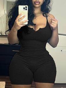 Women's Solid Color / Heart Print Notched Neck Cami Ribbed Romper, Casual Basic Spaghetti Strap Sleeveless Skinny Romper for Summer, Ladies Clothes for Daily Wear