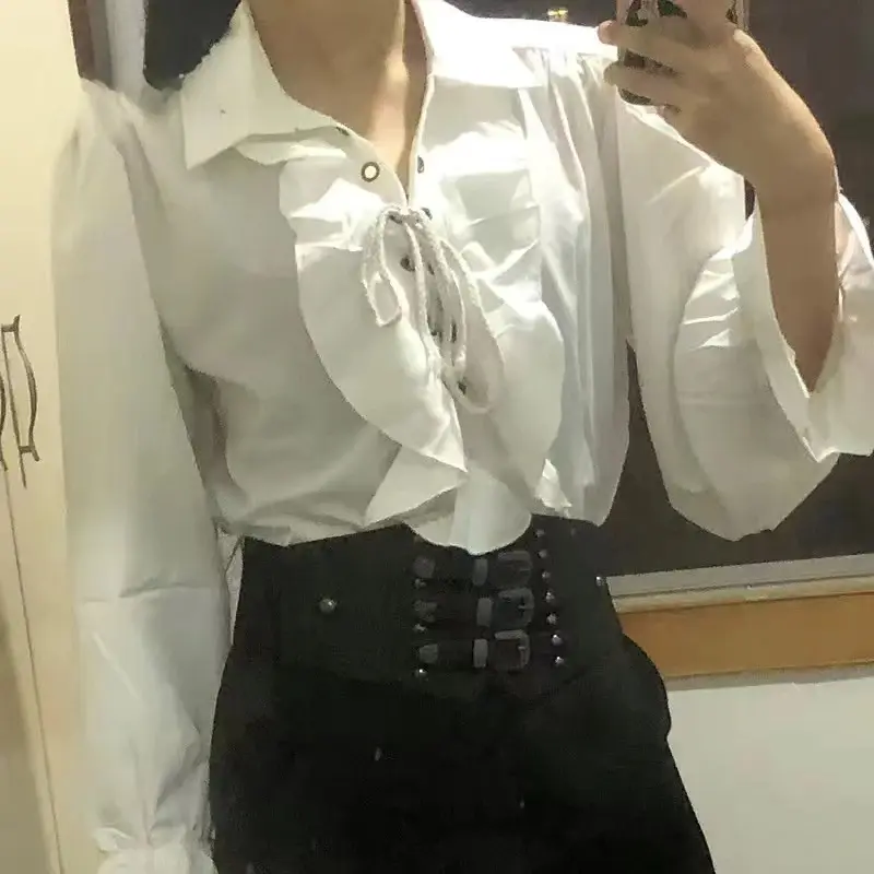 Victorian Style Women's Gothic Blouse Vintage Renaissance Pirate Prince Poet Shirt with Frills Lace-Up Medieval Buccaneer Top 2