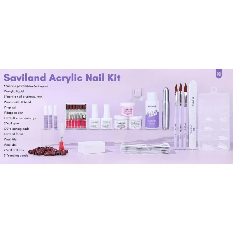 Grandland acrylic nail kit-3 colors acrylic powder and liquid set with acrylic nail brushes/nail drill/top gel/non-acid pH link/nail glue/Dappen dish/imitation nail tips gel X nail Kit for salon DIY 7