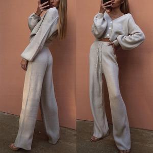 Autumn Women's Casual Fashion Solid Color Cardigan Long Sleeve Knitwear Long Pants Two-Piece Set, Loose Fashion Women's Suit Clothes Womenswear spotlight  clothes Gamis Apricot 2  pcs travel  fit two  piece  outfit