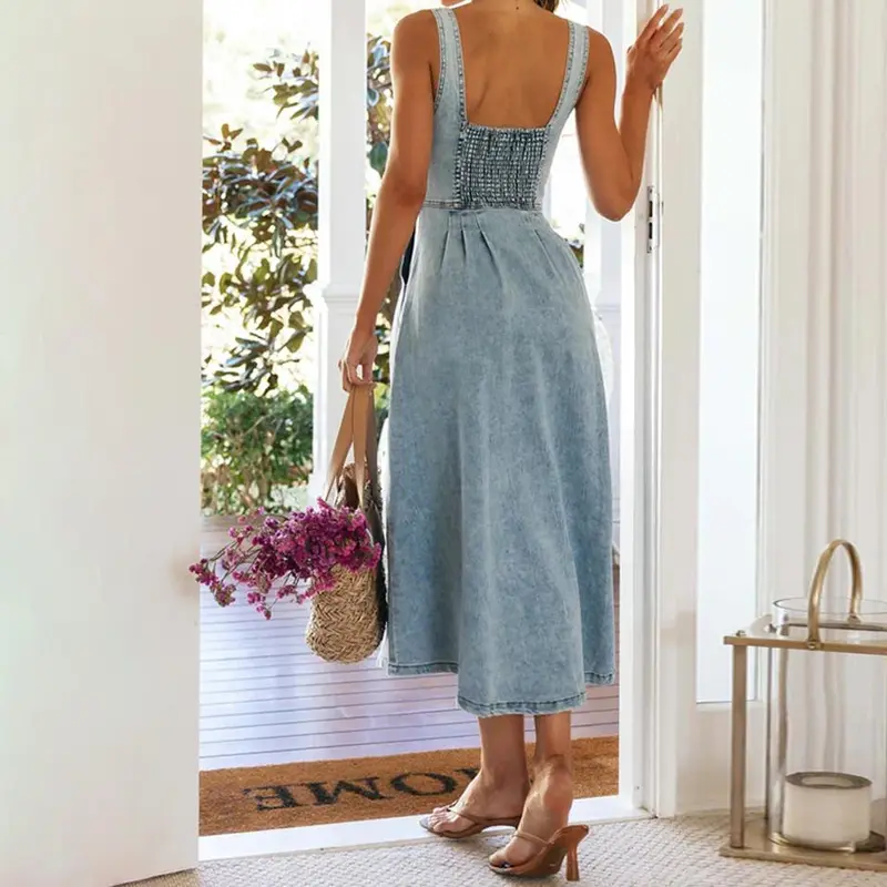 Women Dress Denim Long Dresses Sling Sleeveless V Neck Elegant Splice Single Breasted Slim Fit High Waist Backless Vestidos 4