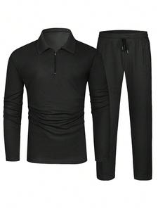 Men's Solid Textured Long Sleeve Polo Shirt & Drawstring Waist Pants Set, Regular Fit Quality and Comfort Casual Zipper Top & Pocket Trousers, Men's Two-piece Outfits