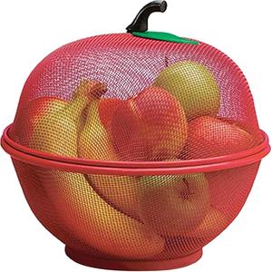 Apple Shaped Fruit Bowl Basket with Lid Mesh Kitchen Organizer for Fruits and Vegetables Keeps Insects and Pets Away Draining Dish Holder (Red)