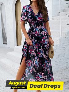 Women's Summer Ditsy Floral Print Shirred Vneck A Line Dress, Women's Summer Clothes, Casual Boho Bohemian Chic Elegant Fashion Fabric Shortsleeve Long Dress for Beach Holiday Vacation, Ladies Dresses Summer, Breathable Womenswear