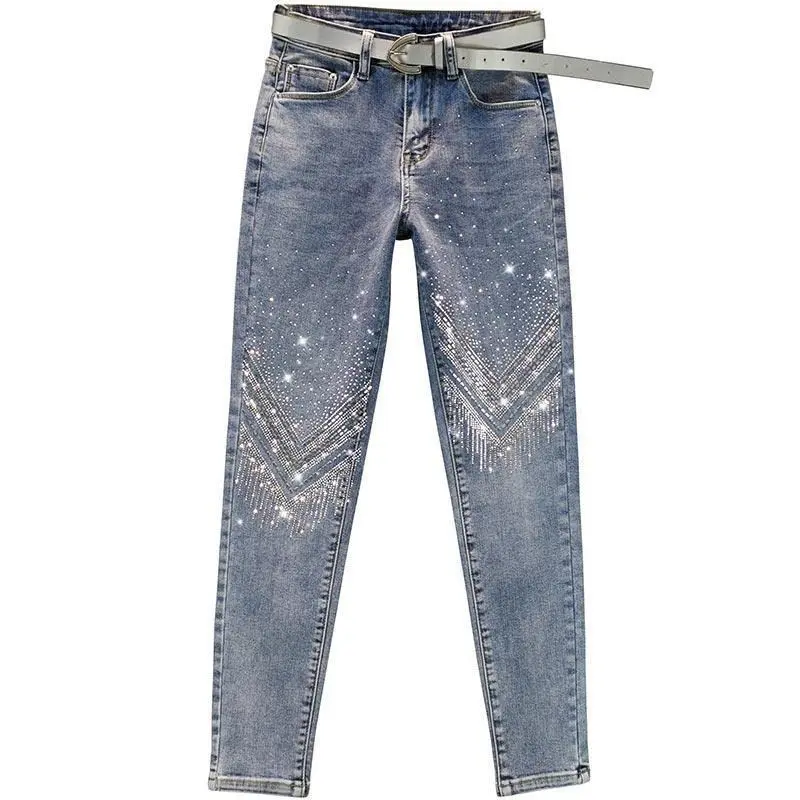 European Station Heavy Industry Rhinestone Skinny Jeans for Women  Spring New Casual High Waist Slimming Cropped Pants ae  jeans  holes 5