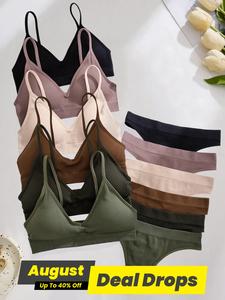 Women's Solid Textured Wireless Seamless Bra & Panty Set, Casual Fashion Soft Comfy Breathable Bra & Panty Set, Lingerie Set for Women, Clothing, Clothes, Underwear Sets, Athletic, Pastel Color Panties, Black / Green