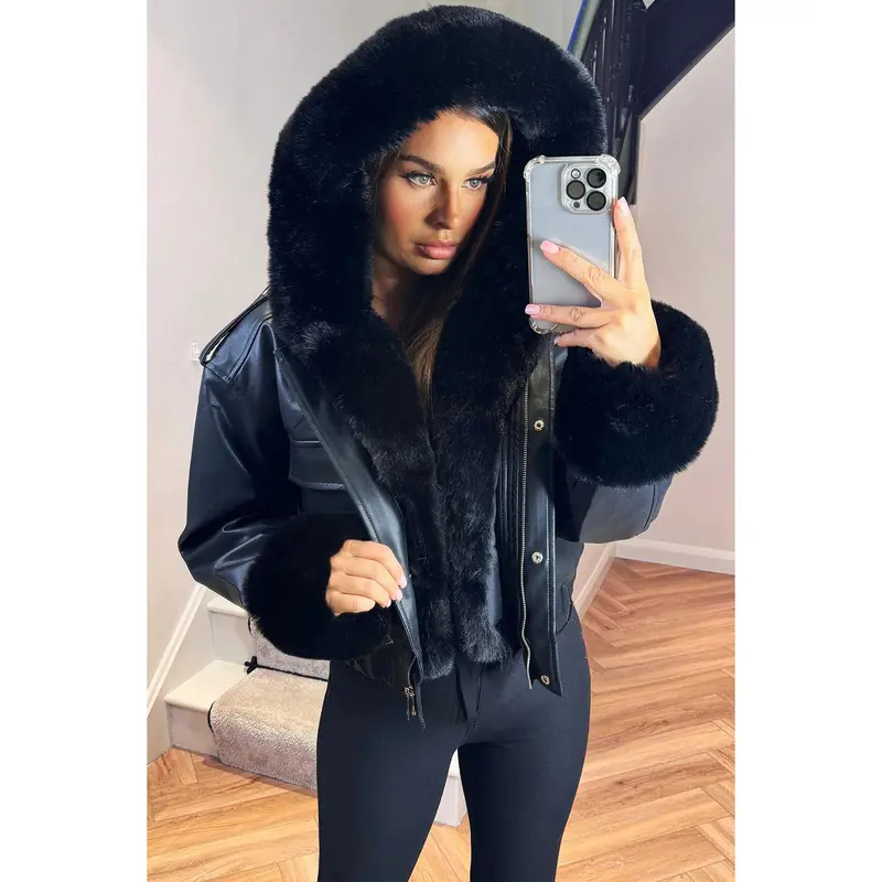 Faux Fur Bomber Jacket In Faux Leather 1