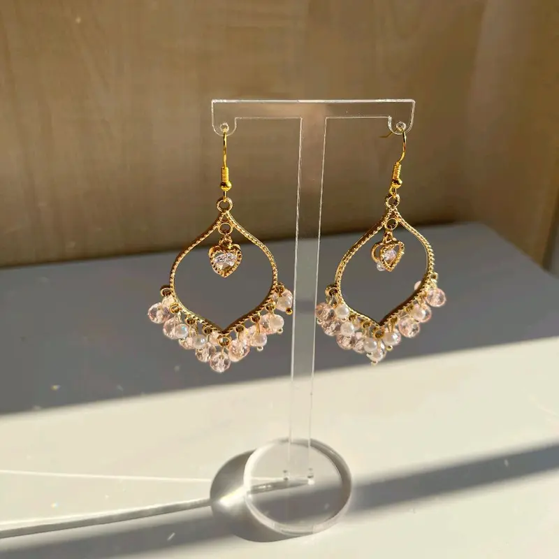 Handmade Pink Crystal White Pearl Heart Earrings - Light Weight Jhumkas for Women 4