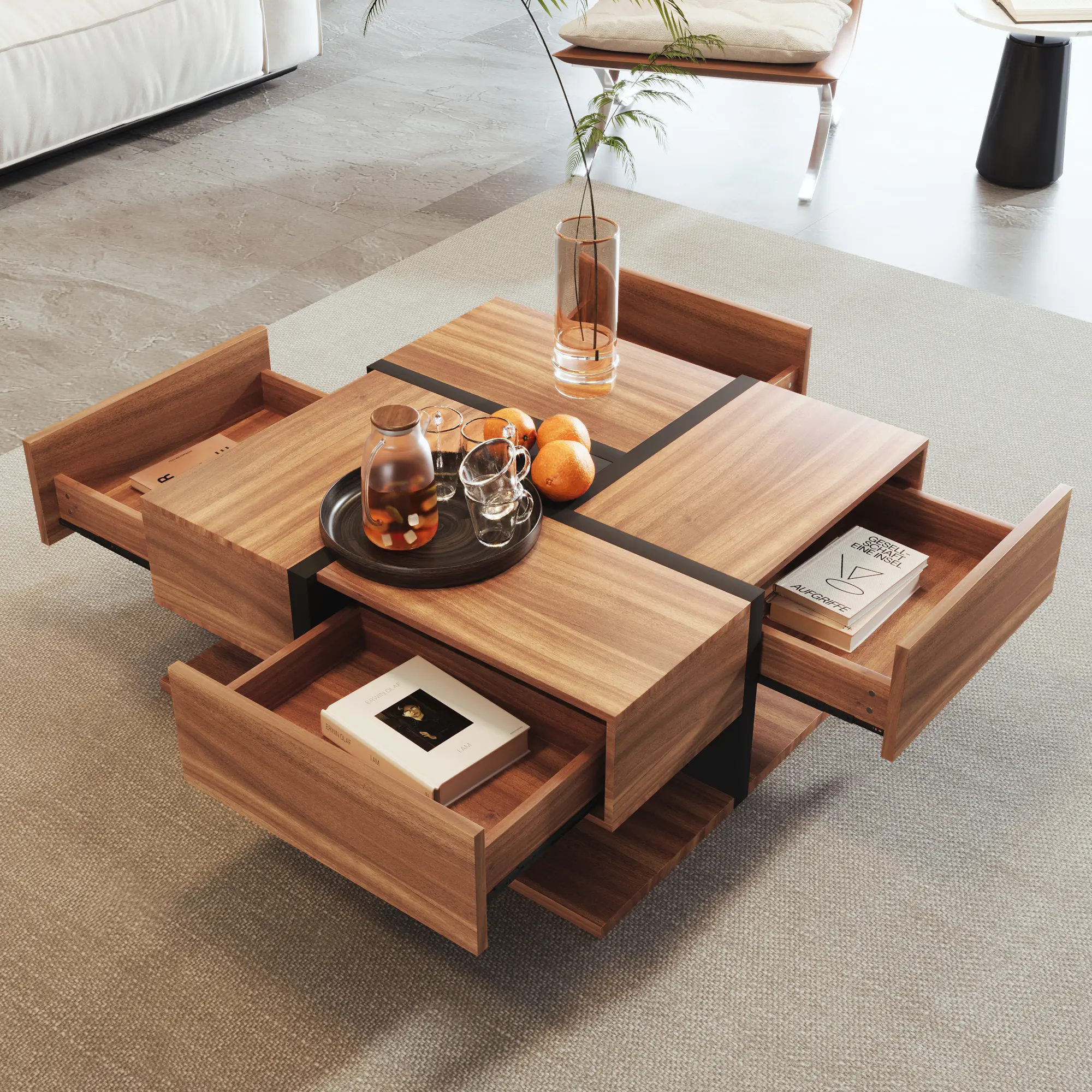 Coffee table, table with 4 drawers, unique color matching and line design, storage space at the bottom. 78*78*36cm