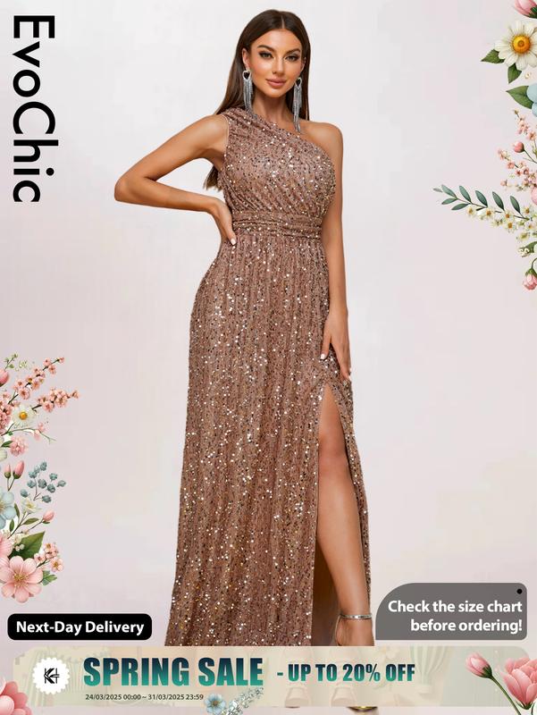 EvoChic UK Women’s Sequin A-Line Dress with Thigh Split for Formal Occasions - Casual, Womenswear 2