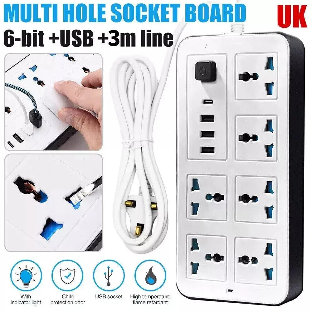 Extension Cable Lead with USB C,Power strips with 3 Way Outlets 4 USB Slots 3m universal  travel  plug surge  protector travel  adapter plug  extension