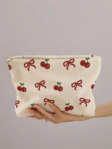 Red Cherry & Bow Pattern Makeup Bag, Pouch, Purse Women, Lightweight Multi-functional Fashion Compact Makeup Bag, Casual Travel White Makeup Bag, Suitable for Leisure Travel and Various Occasions, Vintage Chic Purse