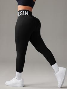 Women's Solid Color Letter Pattern  High Waist Sports Leggings, High Stretch Comfortable Breathable Tummy Control Butt Lifting Yoga Leggings, Ladies Sportswear for Indoor Outdoor Wear, Gym Sportswear Bottoms