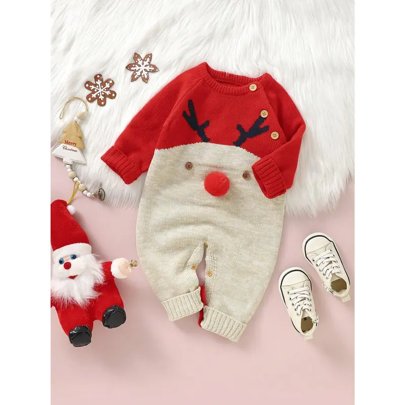 Baby Boy Cartoon Pattern Button Detail Raglan Sleeve Knit Jumpsuit for Christmas 3