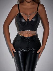 Women's Solid Rhinestone Tassel Charm Chain Decor Crop Cami Top, Fashion Casual Spaghetti Strap Top for Daily Outdoor Wear, Women's Top For All Seasons