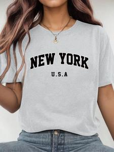 Women's Letter Print Round Neck Tee, Casual Short Sleeve Crew Neck T-Shirt for Daily Wear, Ladies Sportswear for All Seasons, Top