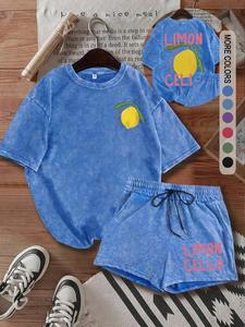 Two-Piece Set Women's Lemon Print Short Sleeve Tee & Shorts, Casual Round Neck T-shirt & Shorts, Summer Clothes for Daily Wear, Suits