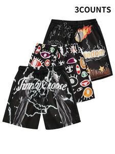 Men's 3pcs All Over Print Drawstring Shorts, Men's Clothing Outfits, Summer Y2K Regular Fit Comfort Casual Street Funny Letter Graphic Pocket Elastic Waist Straight Leg Shorts, Men's Bottoms for Summer, Menswear