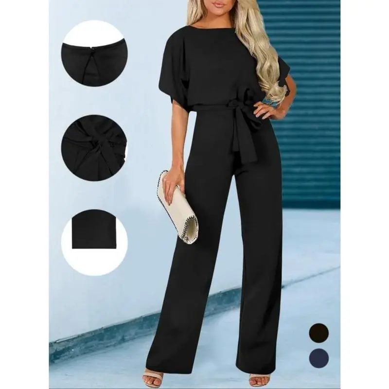 Women's Plain Cut Out Tie Front Batwing Sleeve Jumpsuit, Casual Simple Short Sleeve Straight Leg Jumpsuit for Summer, Women's Clothing 2024,  Fashion Women's One-piece Clothing for Daily Wear, Summer Clothes, Back To School Outfits