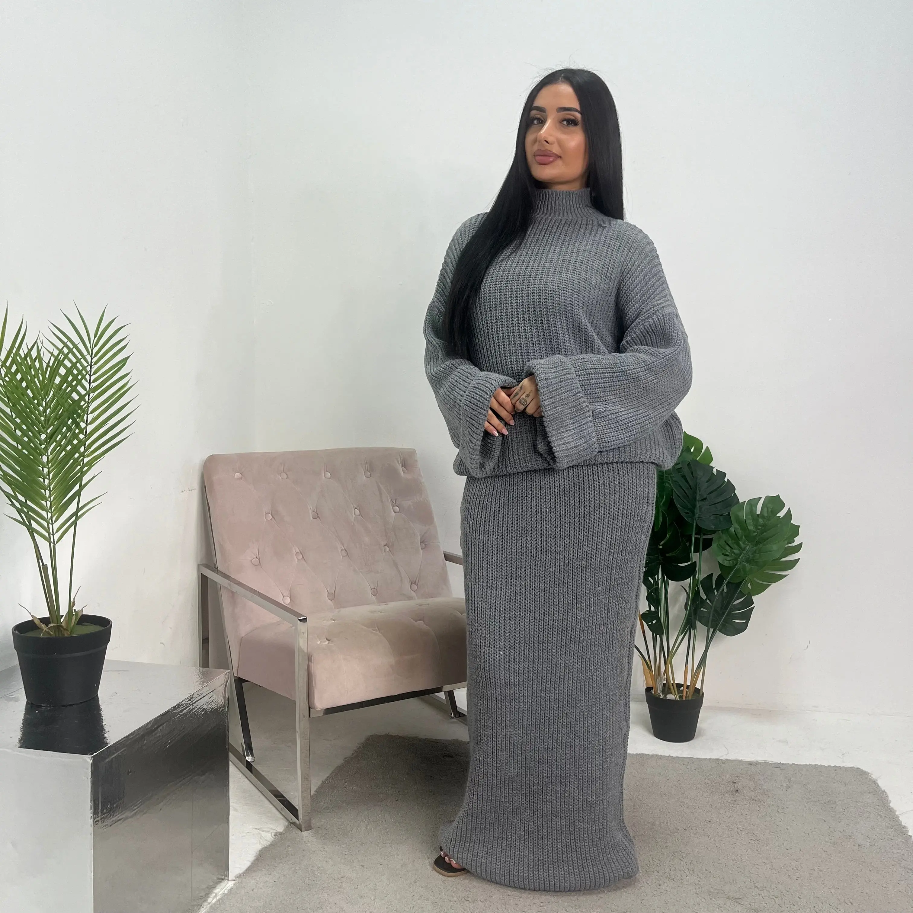 Ivy Grey Knitted Skirt Two Piece Set