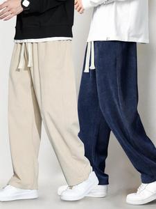 Men's All-Match Solid Color Drawstring Waist Corduroy Pants, Loose-Fitting Casual Comfy Side Pocket Design Straight Leg Trousers for Fall & Winter, Men's Draped Pants for Daily Wear