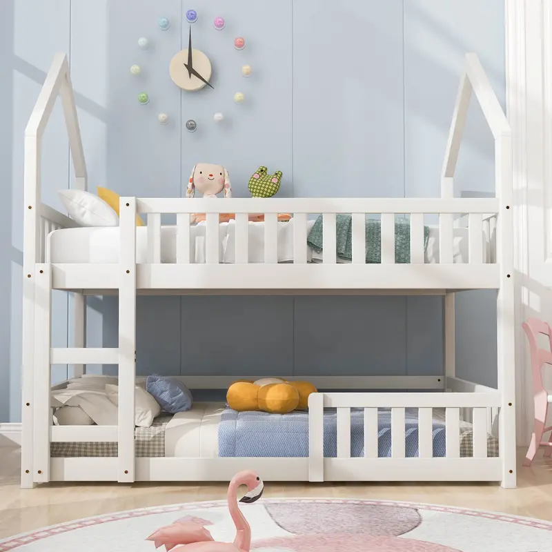 Bunk Bed, Twin Sleeper Bed with Ladder, Solid Wood Frame 3FT Single bed, Gaming Bed, Castle-shaped Bed 90 x 190 cm Children's Bed room Furniture, Wooden Bed Frame for Kids Children (White) 2