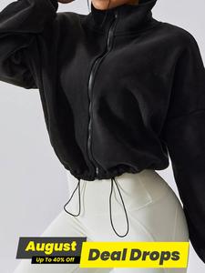 Women's Solid Drawstring Zip Up Crop Fleece Jacket, Casual Basic Funnel Neck Fitted Long Sleeve Funnel Neck Outerwear for Fall & Winter, Women's Longsleeves Clothes for Daily Wear, Womenswear