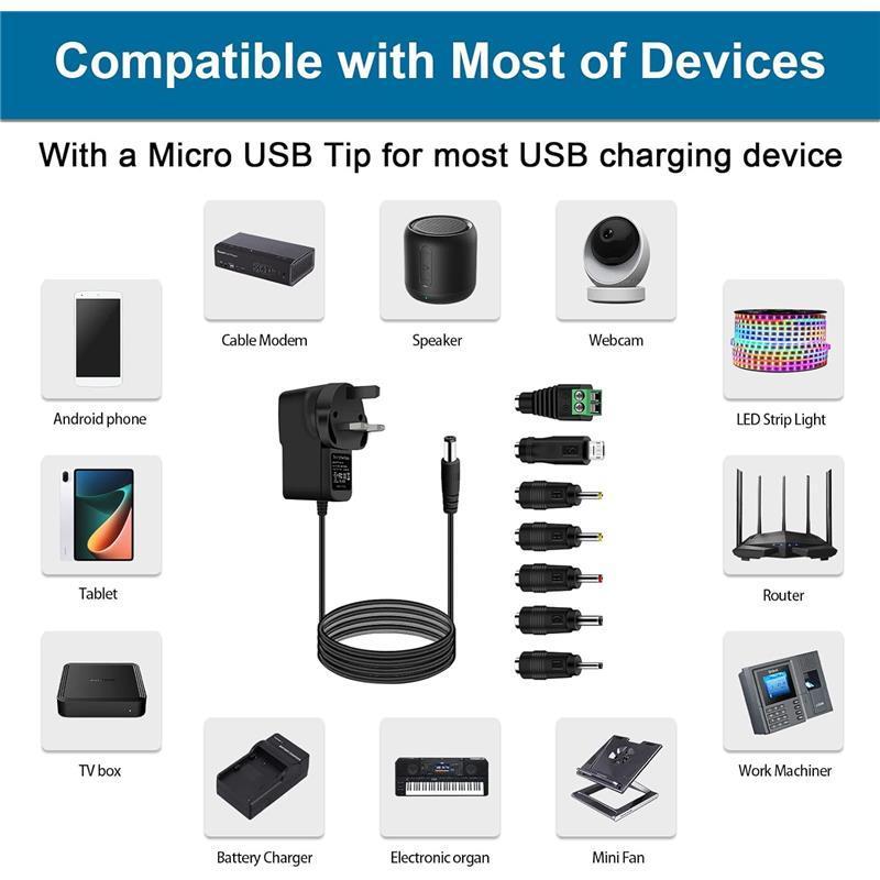 12V 1A Power Supply Adapter, Universal AC to DC Power Adapter with 7 Tips for Electronic Devices LED Strip Lights CCTV Camera TV-Box Speakers Router Tablet 7