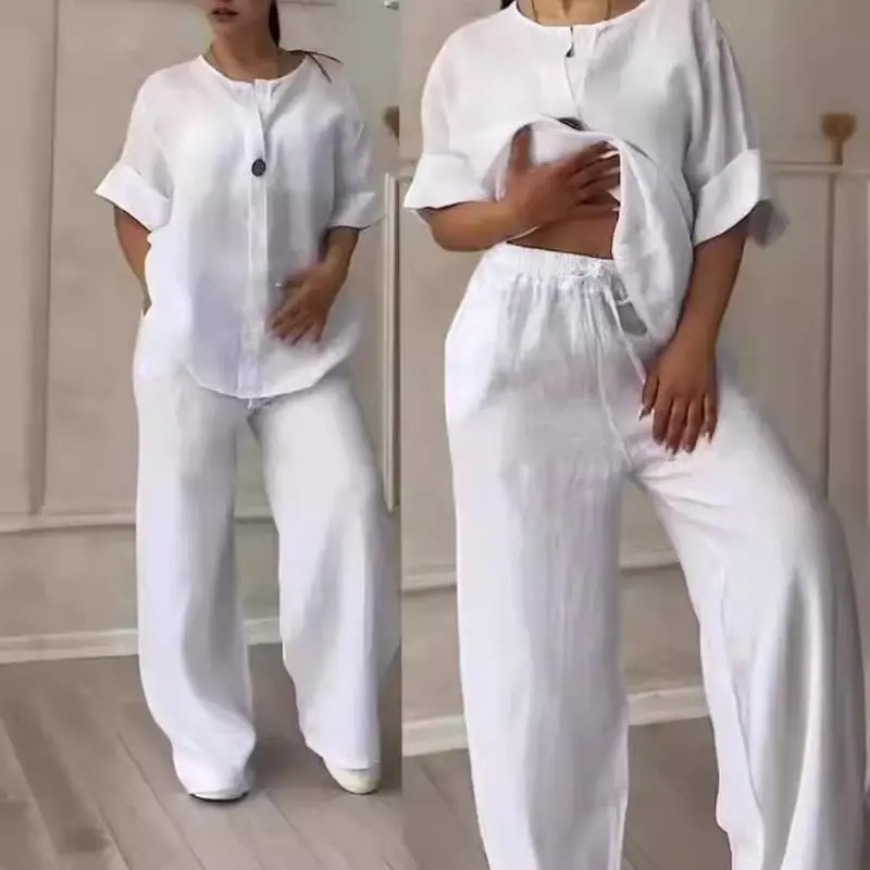 Cotton linen set two pieces sale casual long sleeve button loose blouse shirt & high elastic wide leg loose suits