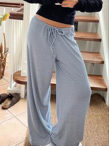 Women's Striped Print Tie Front Wide Leg Pants, Casual Comfy Drop Waist Trousers for Summer, Fashion Women's Bottoms for Daily Wear