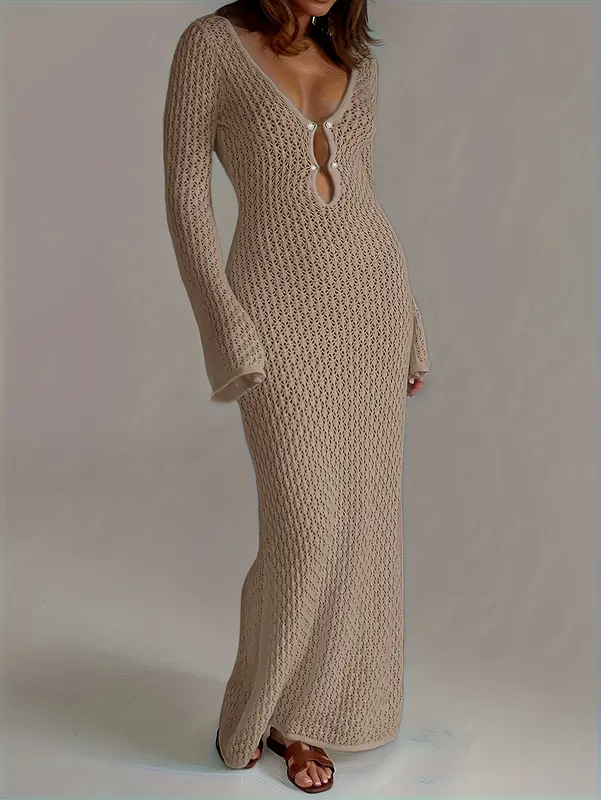 Summer new Women's solid color crochet long beach swimming holiday smock long sleeve sexy dress Casual Womenswear 2
