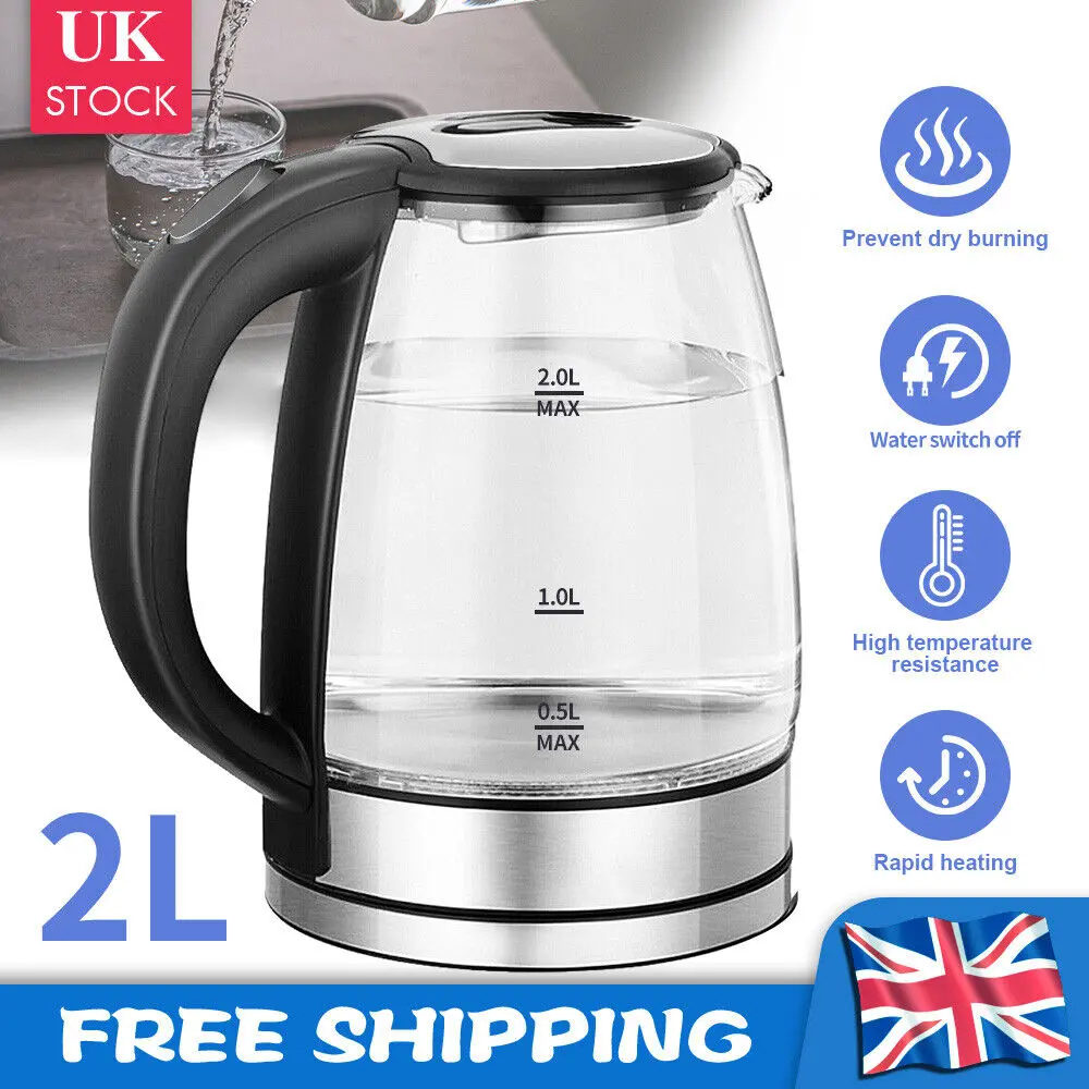1500W Glass Electric Kettle Cordless Filtered Fast Boil 2L Boil-Dry Protection