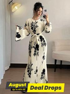 Women's Floral Print Belted Longsleeves Flounce Sleeve Dress, Casual Summer Chic Stylish Elegant Modesty Long Sleeve Round Neck A Line Dress for Spring & Fall, Women's Clothing for Lady Daily Wear, Wedding Guest Dresses, Womenswear, Casual Bohemian Dress