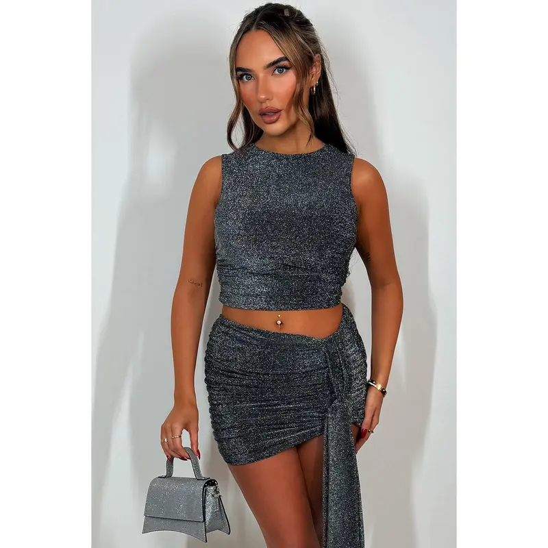 Lurex Skirt And Top Co Ord Set With Drape Detail Black 5