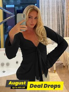 Women's Solid Knot Front Split Hem Tee, Casual Long Sleeve Sweetheart Neck T-Shirt for Fall, Women's Clothing for Daily Wear, Tops